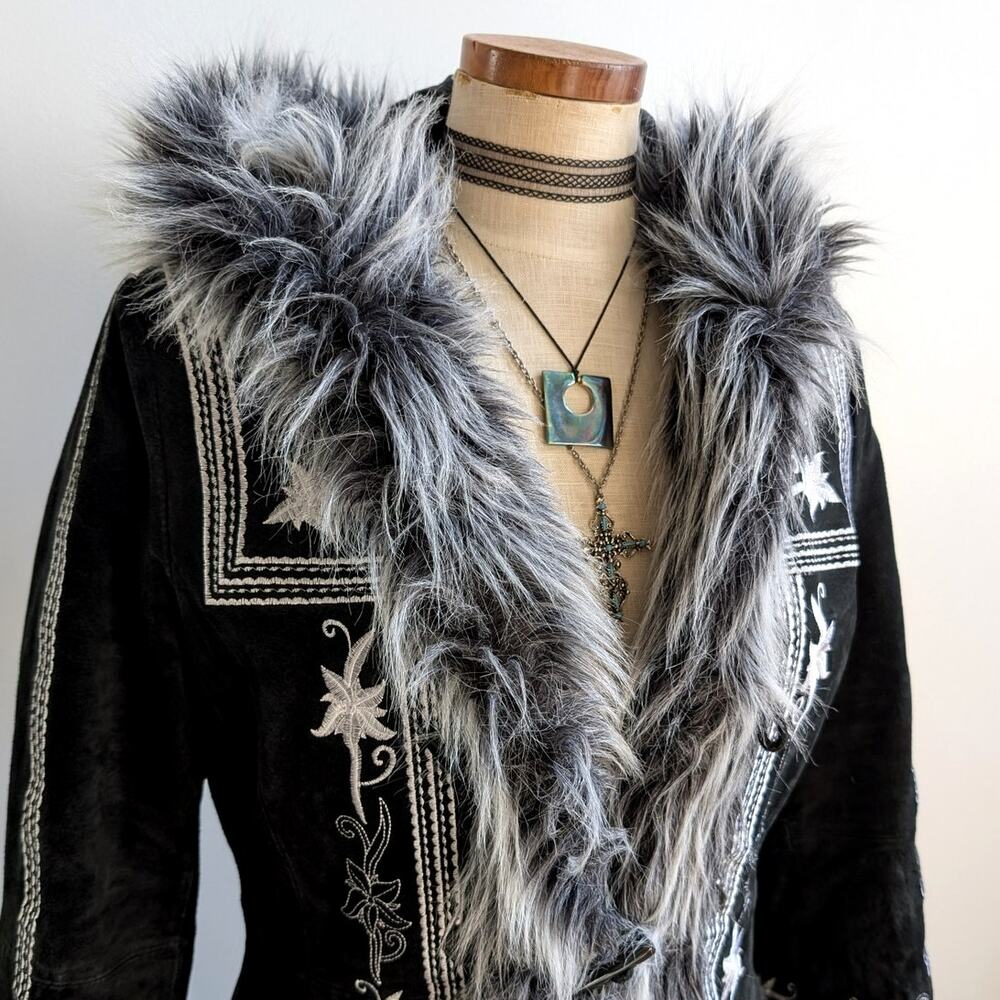 Vintage Black Suede Coat Penny Lane Groovy Faux Fur Jacket Afghan Trench Medium - Picture 8 of 13